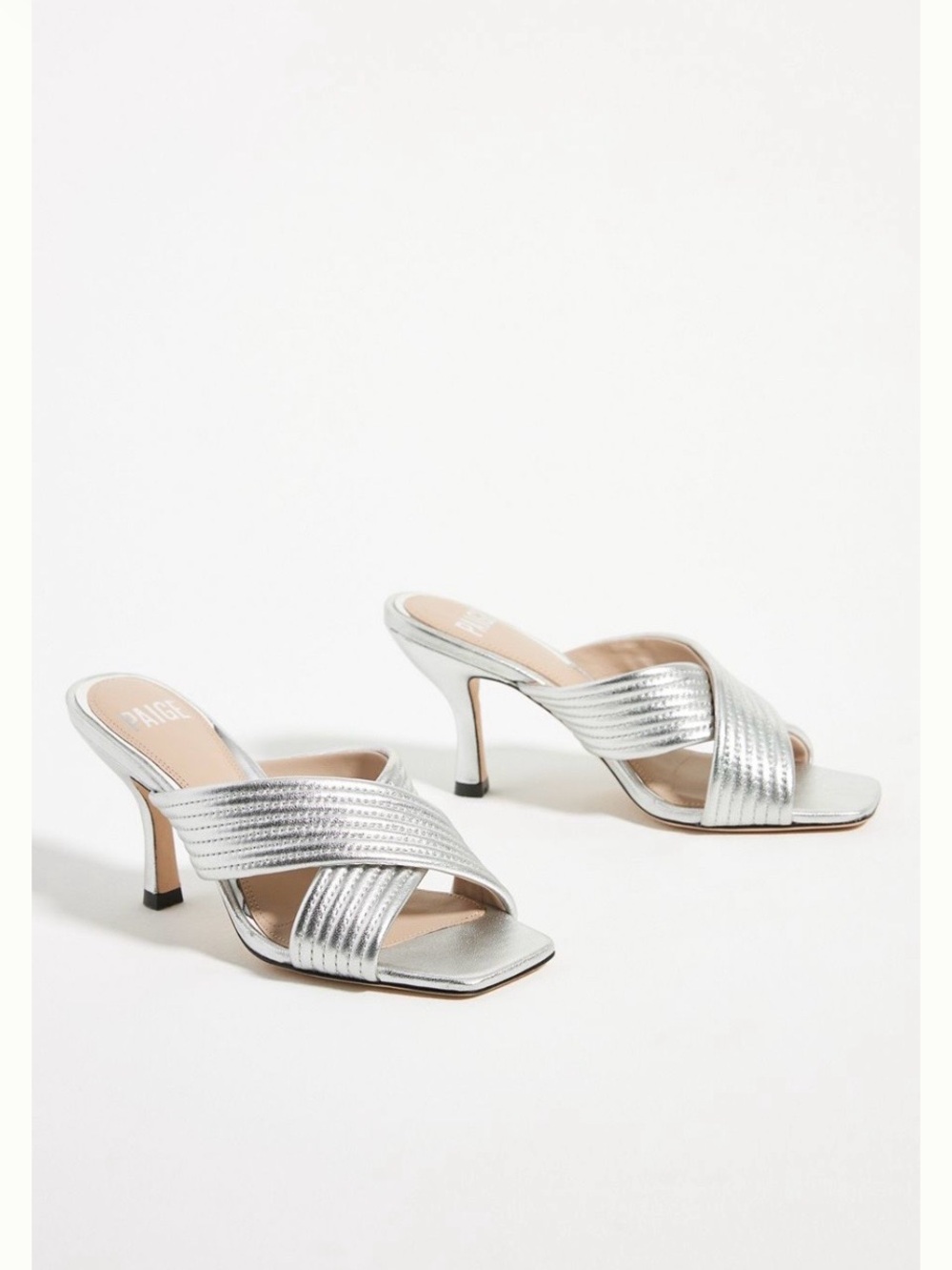 PAIGE Anthropology Leigh Metallic Silver Crisscross Open-Toed Heels